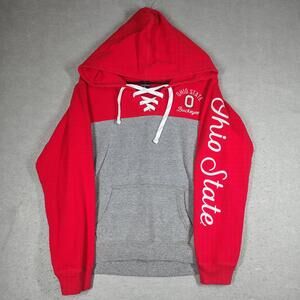 Ohio State Mens Medium Red Gray Lace Up Hoodie Buckeyes Campus Collection EUC